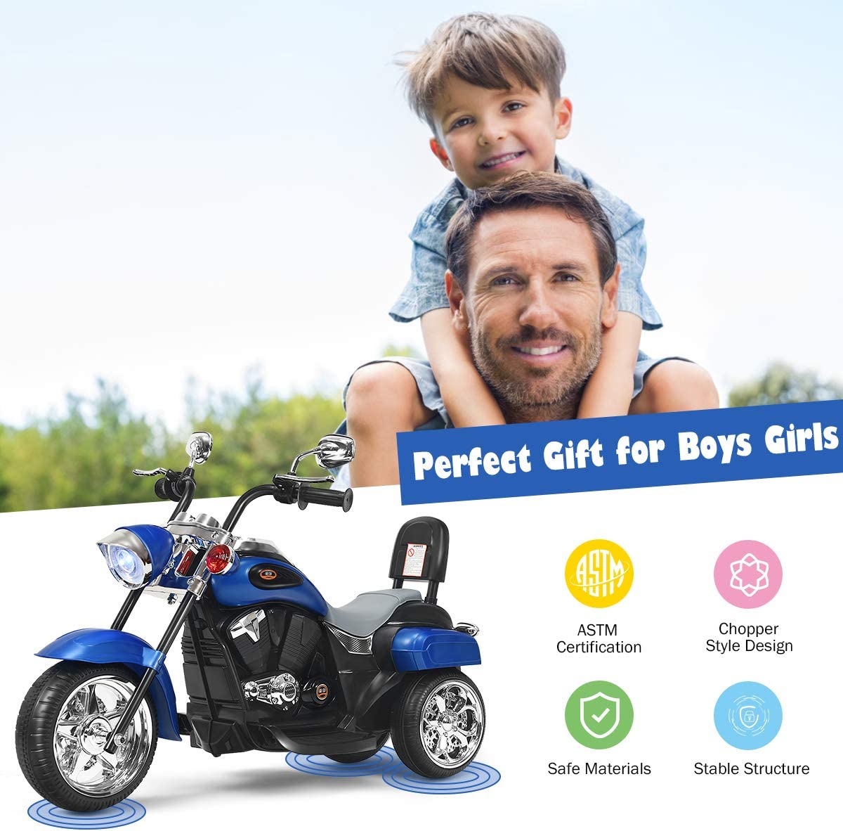 Chairliving 6V Kids Ride On Chopper Motorcycle 3 Wheel Battery Powered Trike with Headlight for Boys Girls Gift 