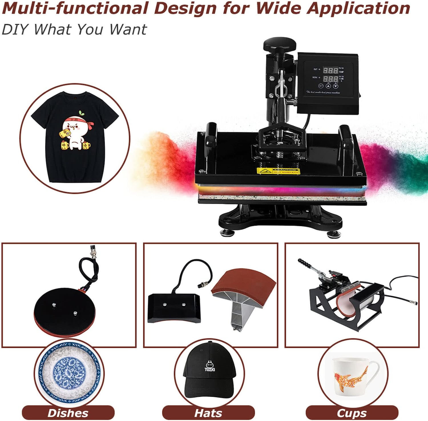 Chairliving 6 in 1 Multifunctional Heat Press Machine 12x15 Inch Digital Transfer Machine with Automatic Digital Timer and Self-Clocking Alarm