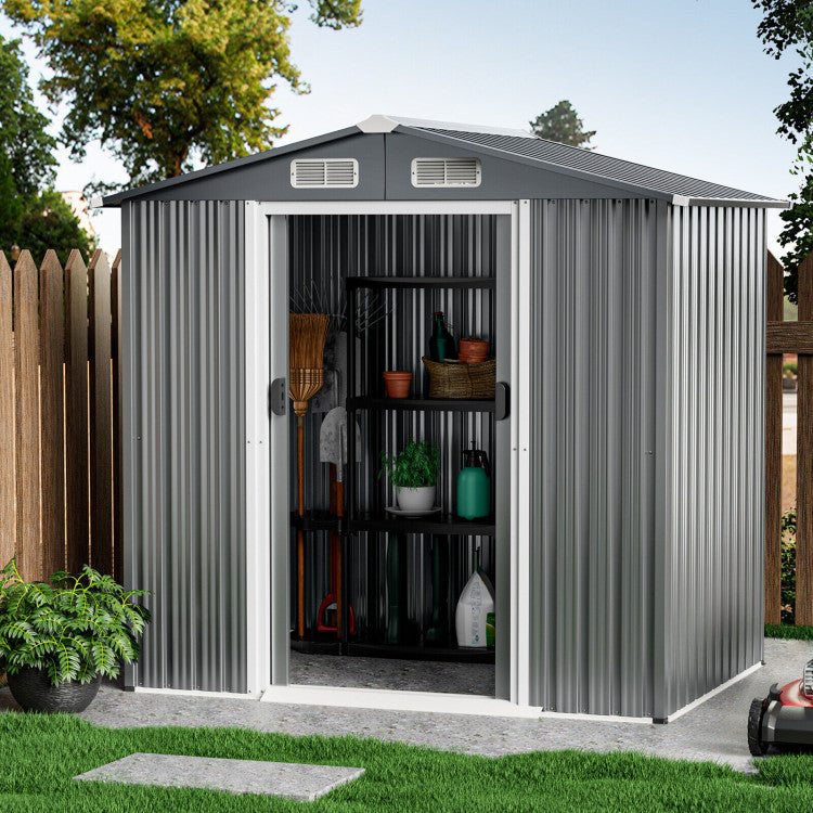 Chairliving 6 x 4 Feet Outdoor Galvanized Steel Storage Shed Garden Utility Tool House Building Organizer with Lockable Sliding Doors and Built-in Ramp