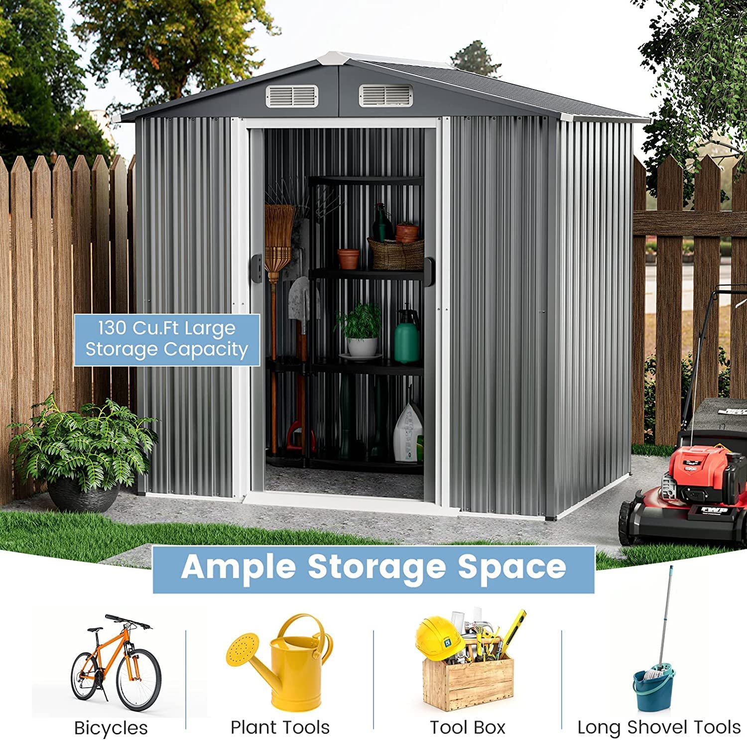 Chairliving 6 x 4 Feet Outdoor Galvanized Steel Storage Shed Garden Utility Tool House Building Organizer with Lockable Sliding Doors and Built-in Ramp