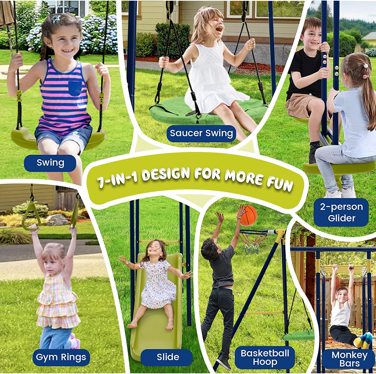 Chairliving 7-in-1 Kids Combo Swing Set Outdoor Heavy Duty Extra Large Metal Swing Frame with Glider Gym Rings Slide Basketball Hoop