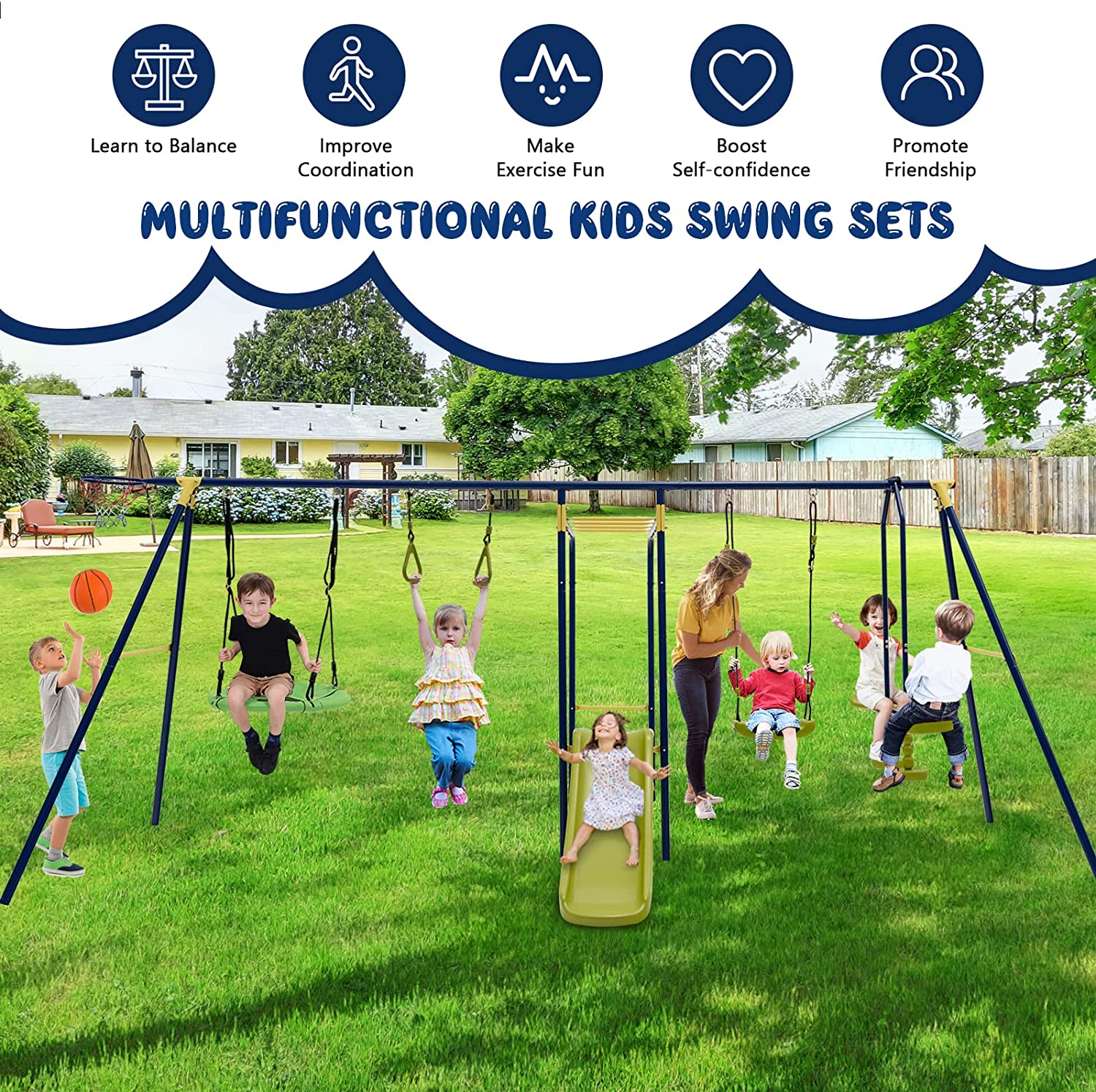 Chairliving 7-in-1 Kids Combo Swing Set Outdoor Heavy Duty Extra Large Metal Swing Frame with Glider Gym Rings Slide Basketball Hoop