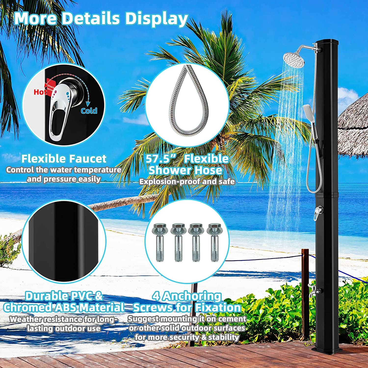 Chairliving 7.2Feet Outdoor Solar Heated Shower 9.3 Gallon 2-Section Pool Shower with Handheld Shower Head Foot Tap Spigot