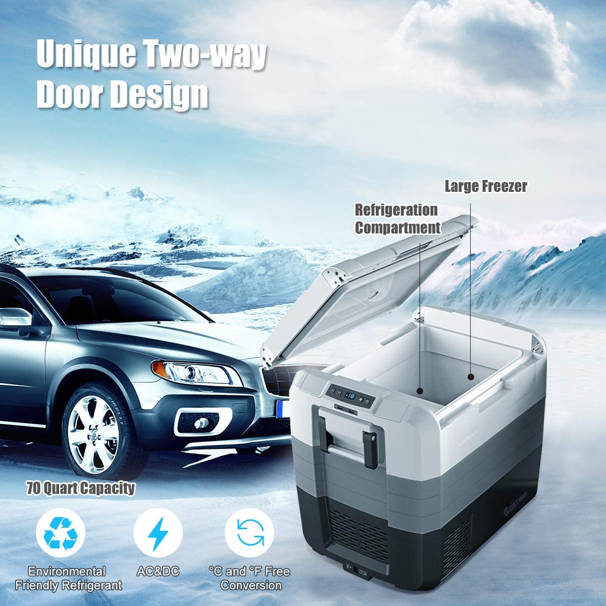 Chairliving 70-Quart Portable Car Refrigerator Compact Electric RV Cooler Freezer Travel Fridge with 2-way Door and Operating Panel