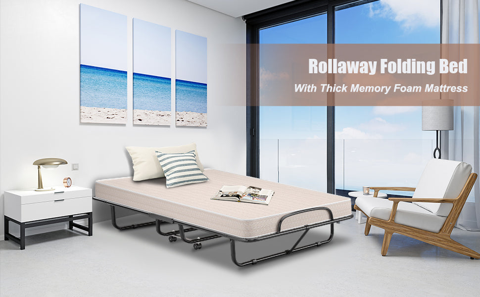 Chairliving 75''x38'' Rollaway Folding Bed Twin Size Portable Guest Bed with Memory Foam Mattress