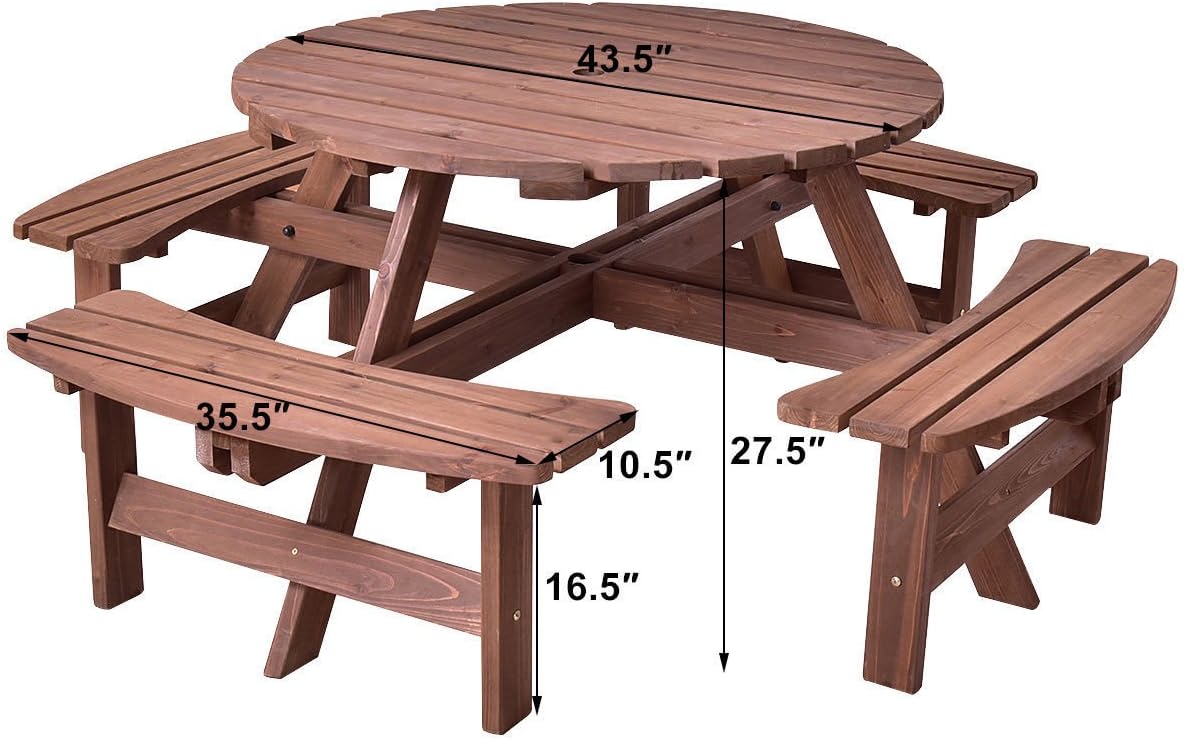 Chairliving 8-Person Picnic Wooden Round Table Bench Set with Umbrella Hole