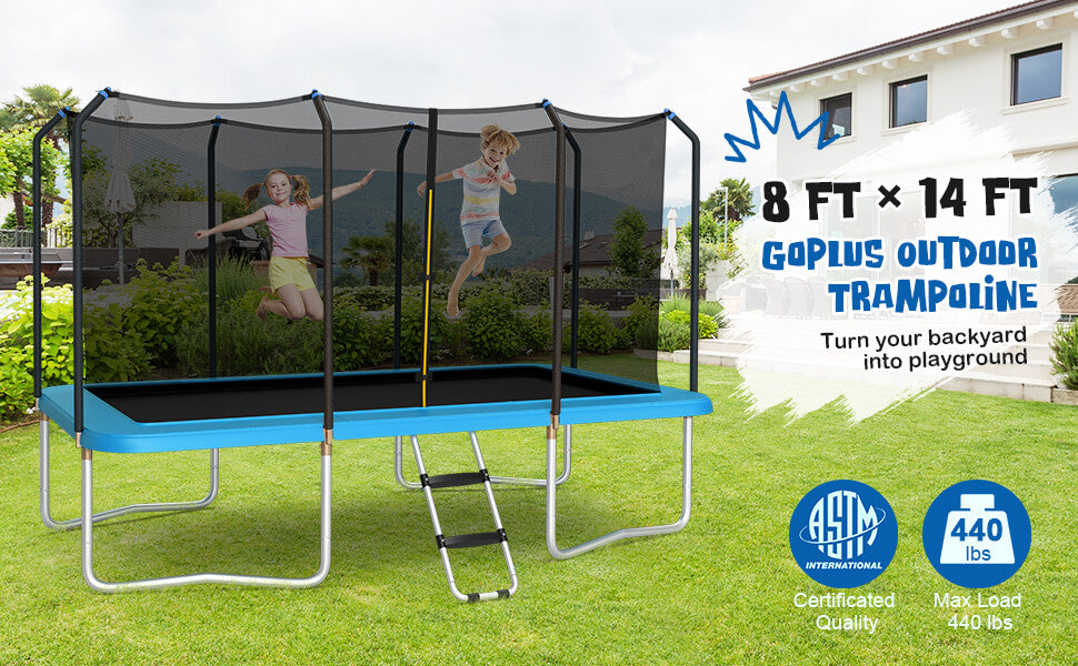 Chairliving 8 x 14 Feet Outdoor Rectangular Trampoline 440LBS Bearing Recreational Trampolines with Waterproof Pad