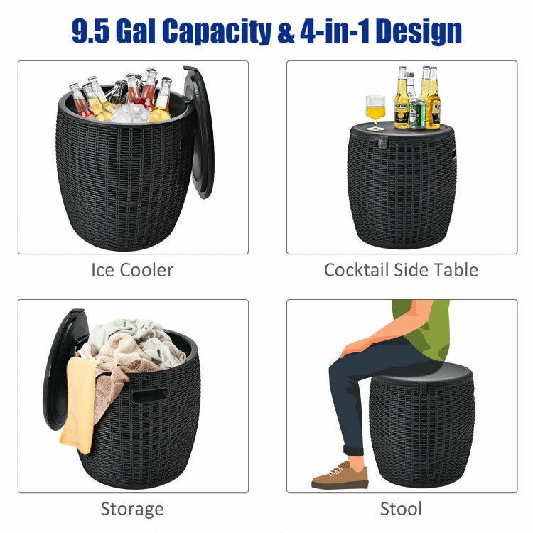 Chairliving 9.5 Gallon All-weather Wicker Cool Bar Ice Cooler 4-in-1 Cooler Bar Stool Cocktail Table Side Storage Table with Hook and Buckle