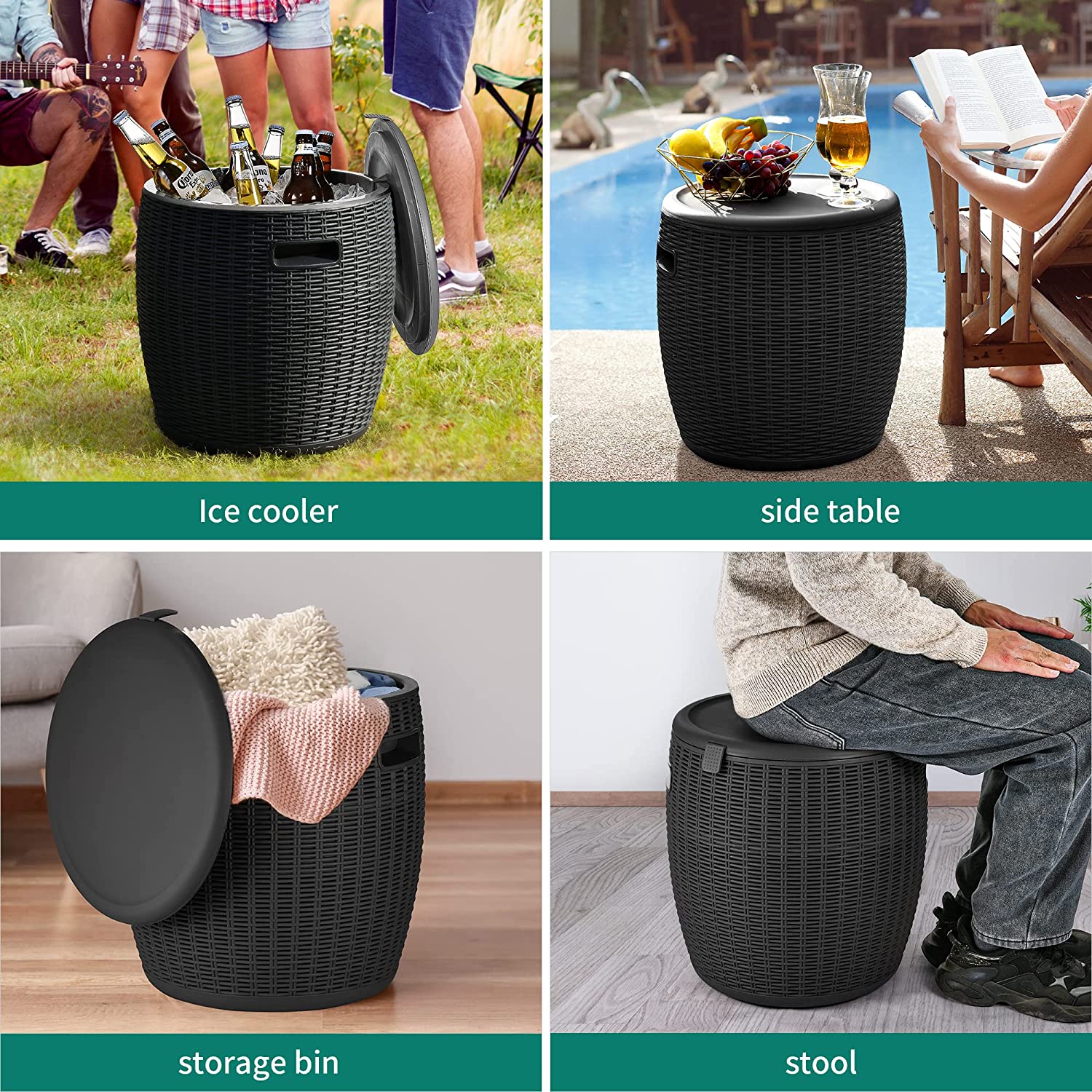 Chairliving 9.5 Gallon All-weather Wicker Cool Bar Ice Cooler 4-in-1 Cooler Bar Stool Cocktail Table Side Storage Table with Hook and Buckle