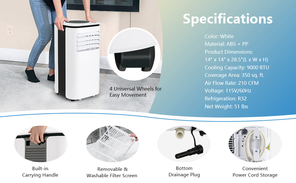 Chairliving 9000 BTU 3-in-1 Portable Air Conditioner AC Cooling Unit with Remote Control and LED Display