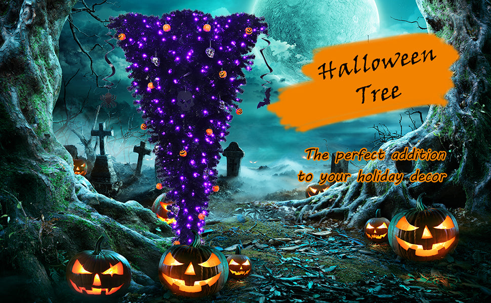 Chairliving Black Upside Down 7 Feet Artificial Halloween Pine Tree with Decorations and 400 Purple LED Lights