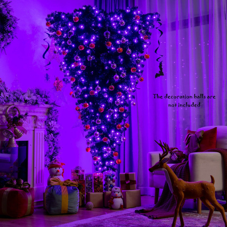 Chairliving Black Upside Down 7 Feet Artificial Halloween Pine Tree with Decorations and 400 Purple LED Lights