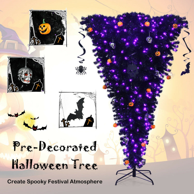 Chairliving Black Upside Down 7 Feet Artificial Halloween Pine Tree with Decorations and 400 Purple LED Lights