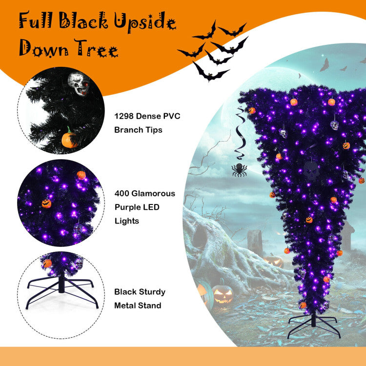 Chairliving Black Upside Down 7 Feet Artificial Halloween Pine Tree with Decorations and 400 Purple LED Lights