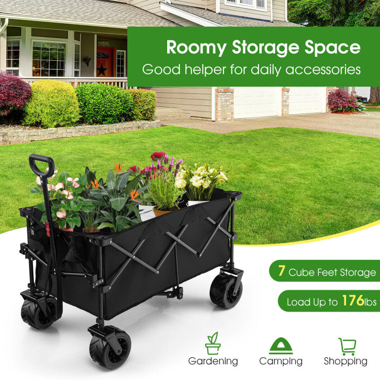 Chairliving Collapsible Wagon Foldable Heavy Duty Steel Utility Garden Grocery Cart with Adjustable Handle and Wide Wheels