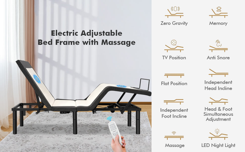 Chairliving Electric Adjustable Bed Base Zero Gravity Twin Queen Size Bed Frame with Massage and Remote Control