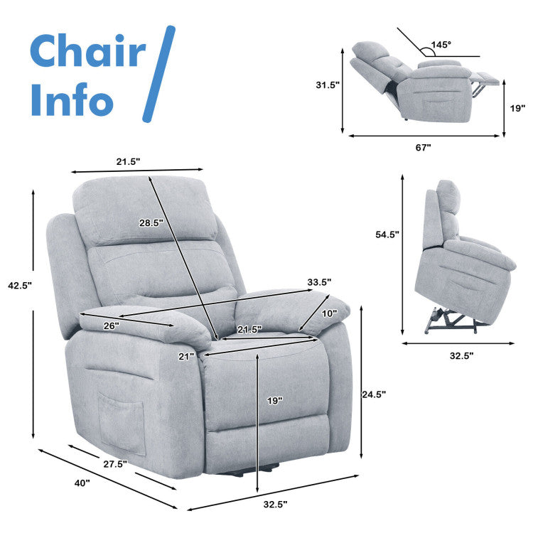 Chairliving Electric Power Adjustable Recliner Chair Fabric Lift-up Sofa with Remote Control and Side Pocket