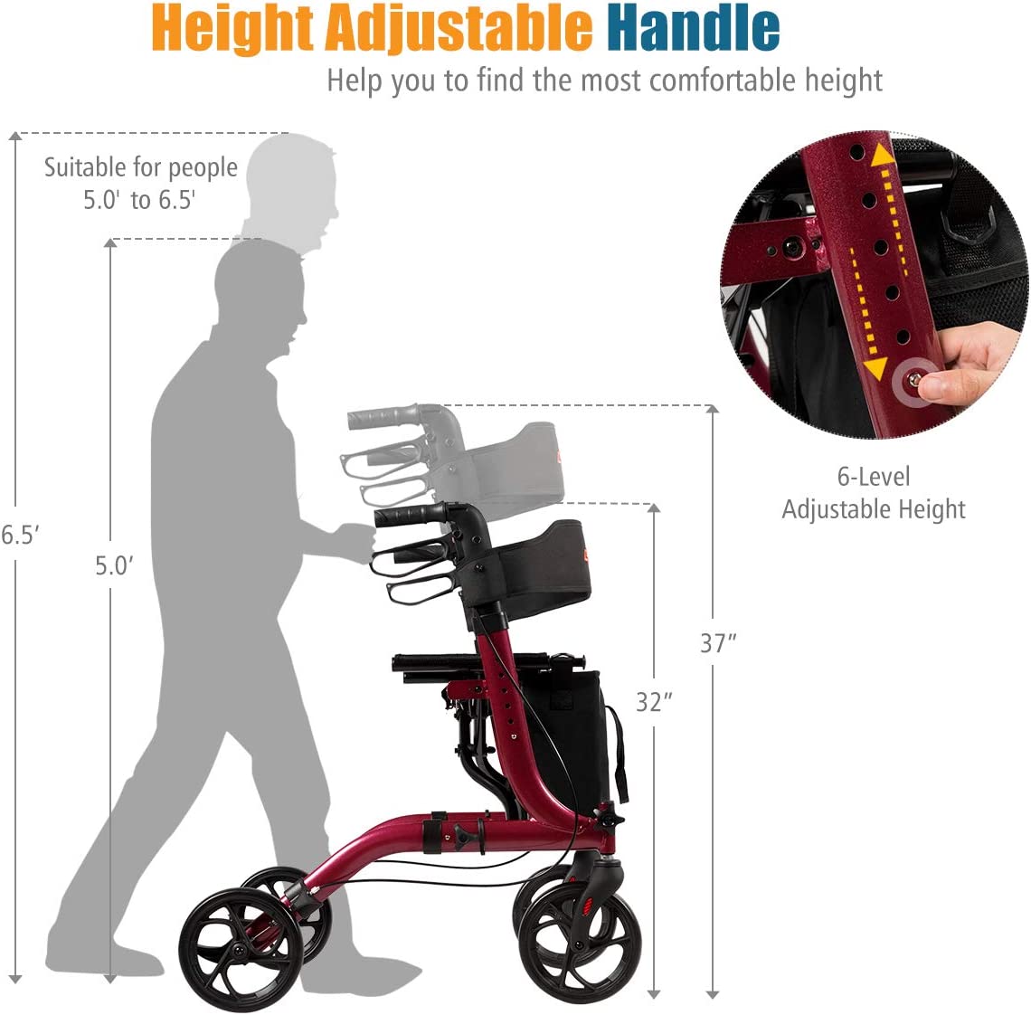 Chairliving Folding Rollator Walkers Lightweight Medical Drive Walker Mobility Walking Aid with Adjustable Handle and Storage Bag