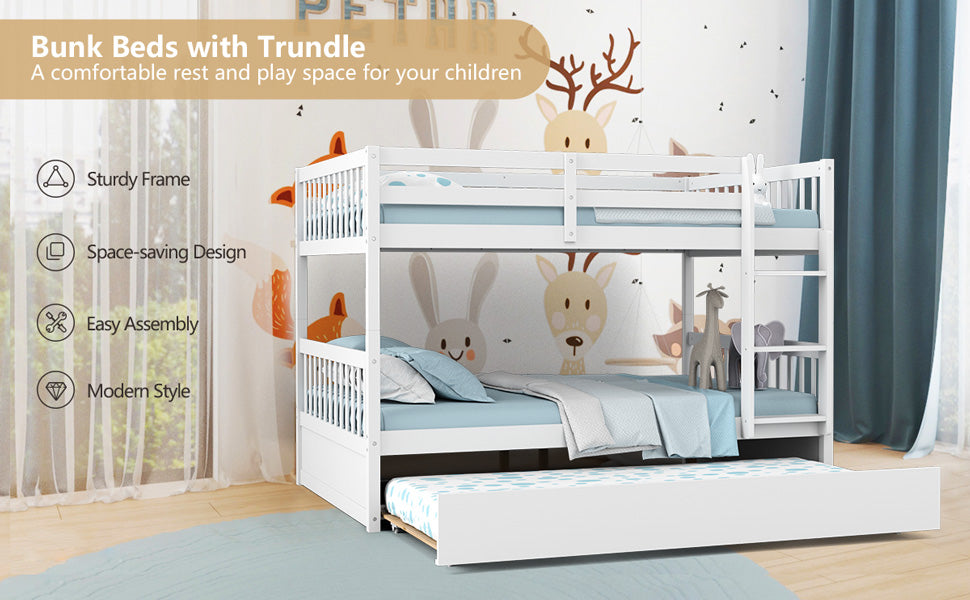 Chairliving Full Over Full Bunk Bed Solid Wood Trundle Bed Frame Convertible Twin Over Twin Bunk Beds with Guardrails and Ladder for Adults Kids Teens