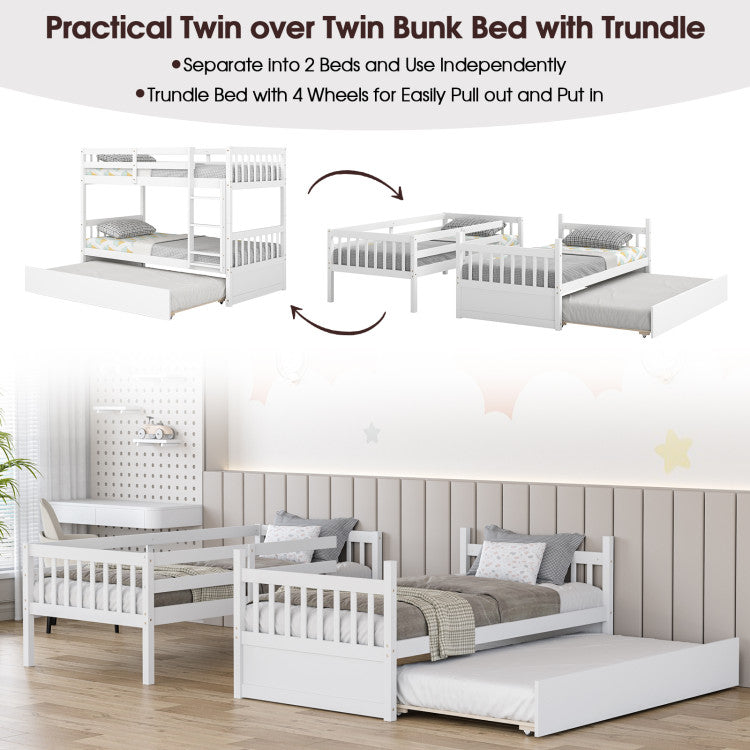 Chairliving Full Over Full Bunk Bed Solid Wood Trundle Bed Frame Convertible Twin Over Twin Bunk Beds with Guardrails and Ladder for Adults Kids Teens