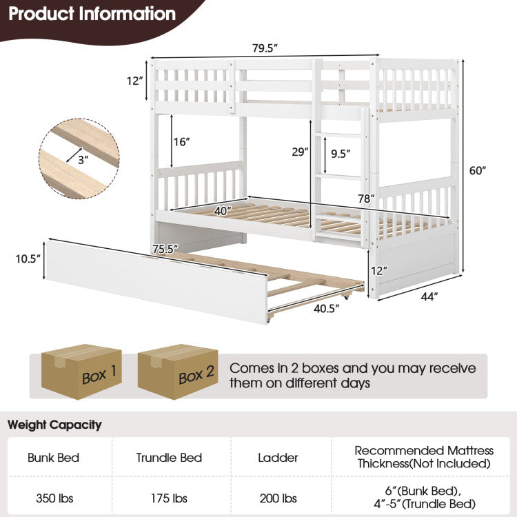 Chairliving Full Over Full Bunk Bed Solid Wood Trundle Bed Frame Convertible Twin Over Twin Bunk Beds with Guardrails and Ladder for Adults Kids Teens