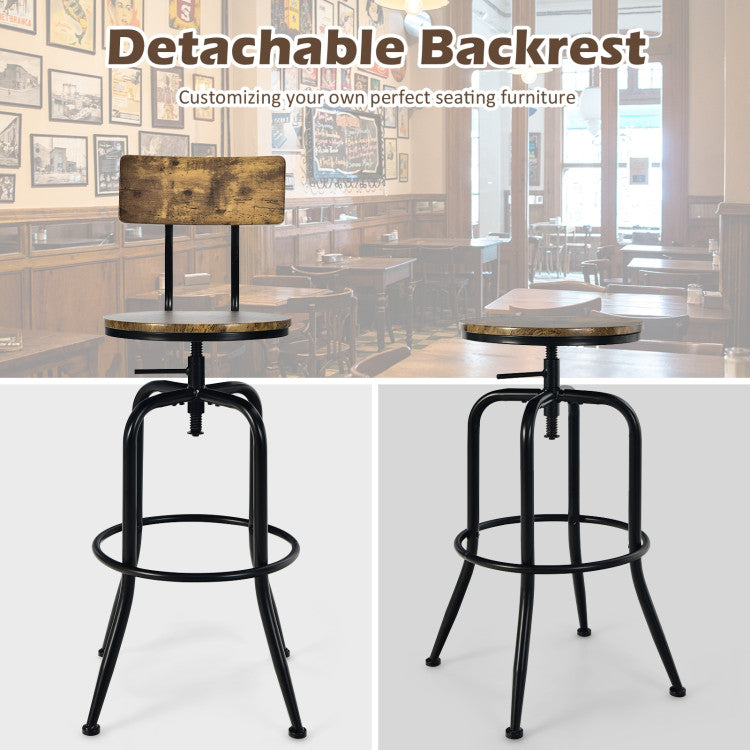 Chairliving Industrial Height-Adjustable Swivel Bar Stools Vintage Counter Height Kitchen Dining Chair with Arc-Shaped Backrest and Footrest