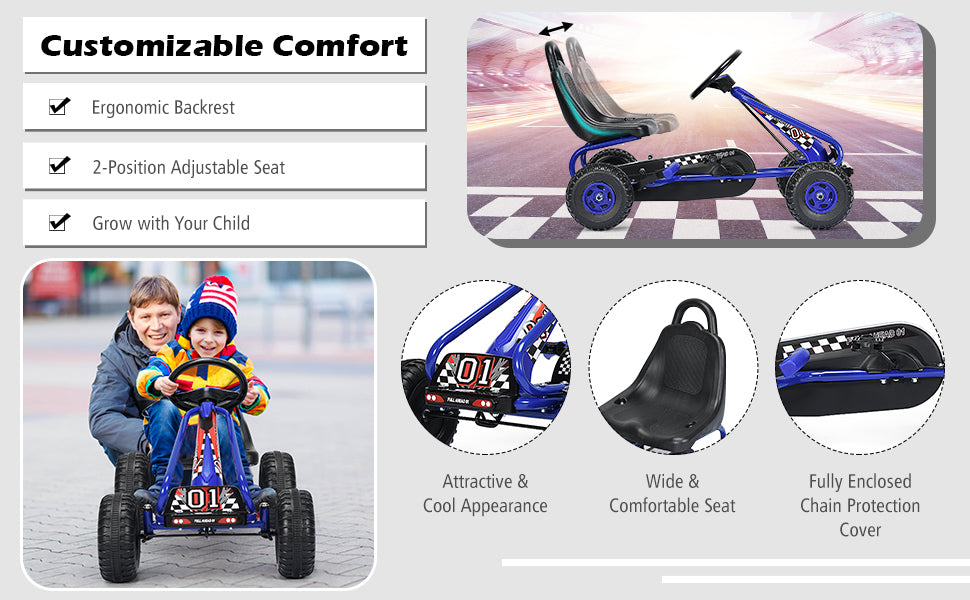 Chairliving Kids Racer Pedal Go Kart 4 Wheel Pedal Powered Ride On Toys with Non-Slip Wheels and Adjustable Seat