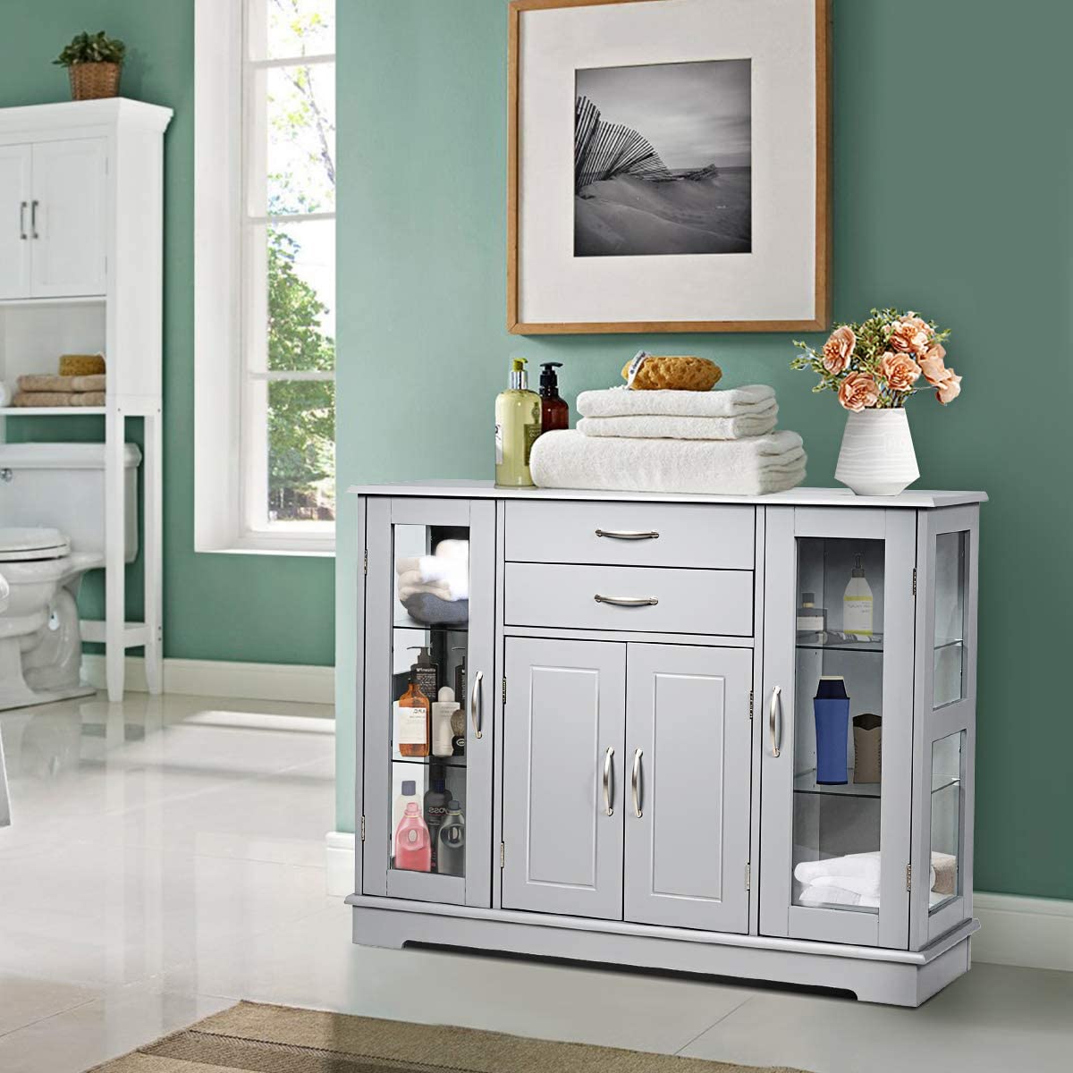 Chairliving Kitchen Sideboard Buffet Server Side Storage Cabinet Dining Room Cupboard Console Table with 2 Drawers 3 Cabinets Glass Doors