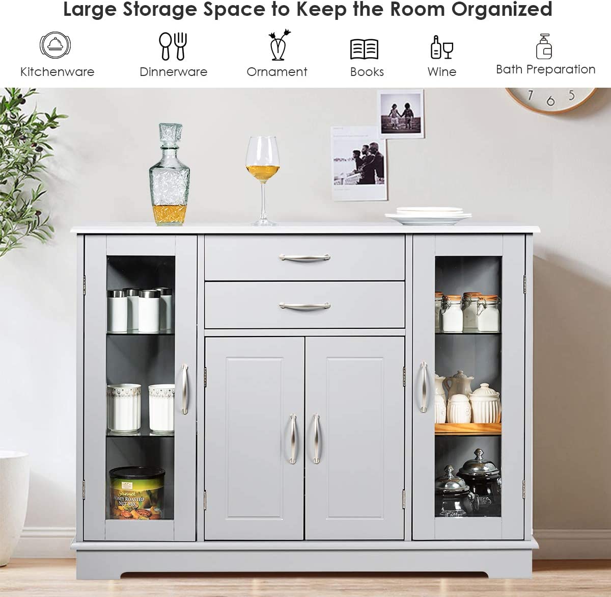 Chairliving Kitchen Sideboard Buffet Server Side Storage Cabinet Dining Room Cupboard Console Table with 2 Drawers 3 Cabinets Glass Doors