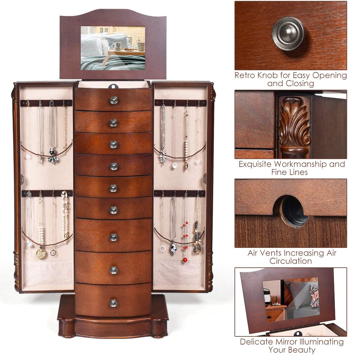 Chairliving Large Wooden Jewelry Armoire Cabinet Storage Chest Box Organizer with 8 Drawers and 2 Swing Doors