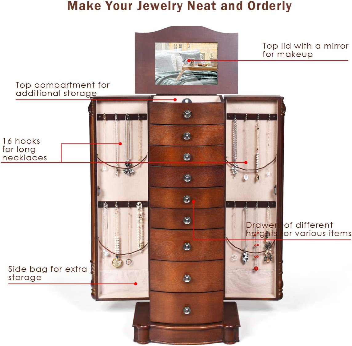 Chairliving Large Wooden Jewelry Armoire Cabinet Storage Chest Box Organizer with 8 Drawers and 2 Swing Doors