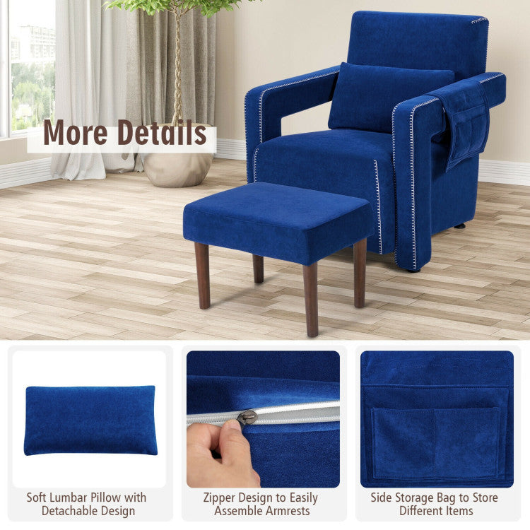 Chairliving Modern Accent Chair Soft Berber Fleece Armchair Single Sofa Footstool Set with Side Storage Bag and Waist Pillow