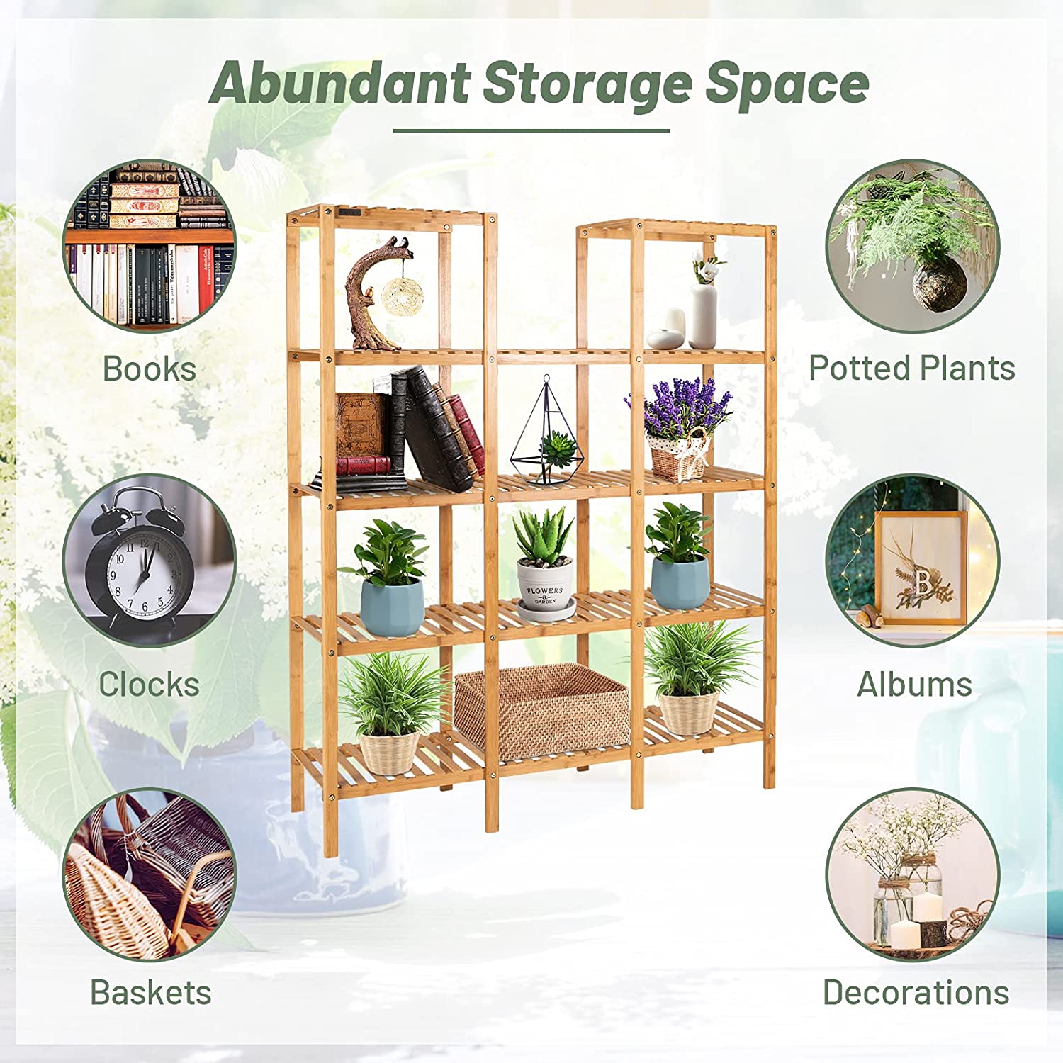 Chairliving Multifunctional Plant Stand Indoor Bamboo Utility Shelf with 5-Tier Storage Organizer Rack Cube for Multiple Plants