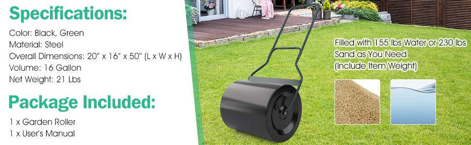 Chairliving Multifunctional Push Tow Lawn Roller Heavy Duty Metal Behind Water Filled Roller with Removable Drain Plug for Garden Yard