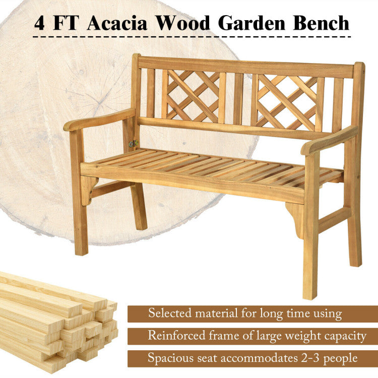 Chairliving Outdoor 2-Person Acacia Wood Foldable Bench Patio Loveseat Chair with Ergonomic Armrests Curved Backrest