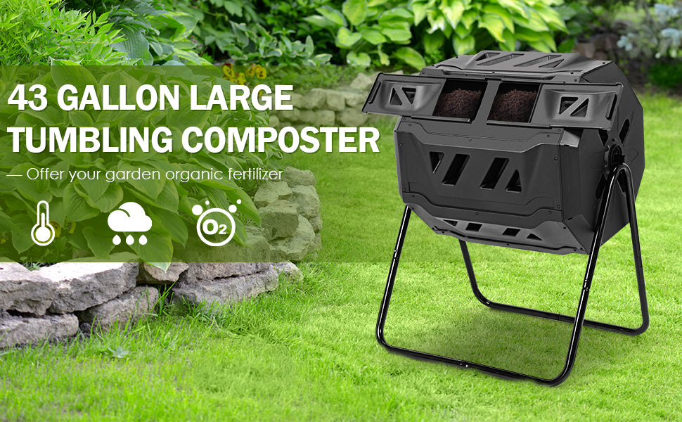 Outdoor 43 Gallon Composting Tumbler Dual Chamber Rotating Compost Bin Barrel with Sliding Door and Aeration System
