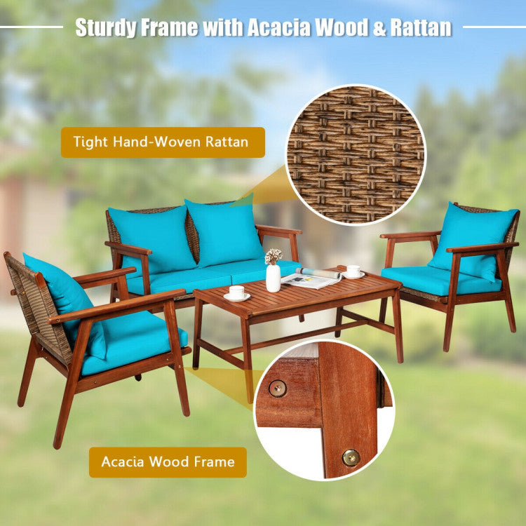 Chairliving Outdoor 4 Pieces Acacia Wood Sofa Furniture Set Patio Rattan Conversation Loveseat with Thick Cushions