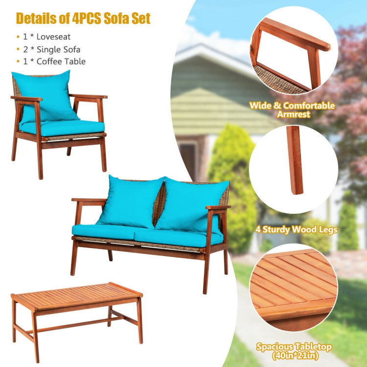 Chairliving - Juego de muebles de sofá de madera de acacia para exteriores, 4 piezas, sofá de dos plazas de ratán para conversación con cojines gruesos