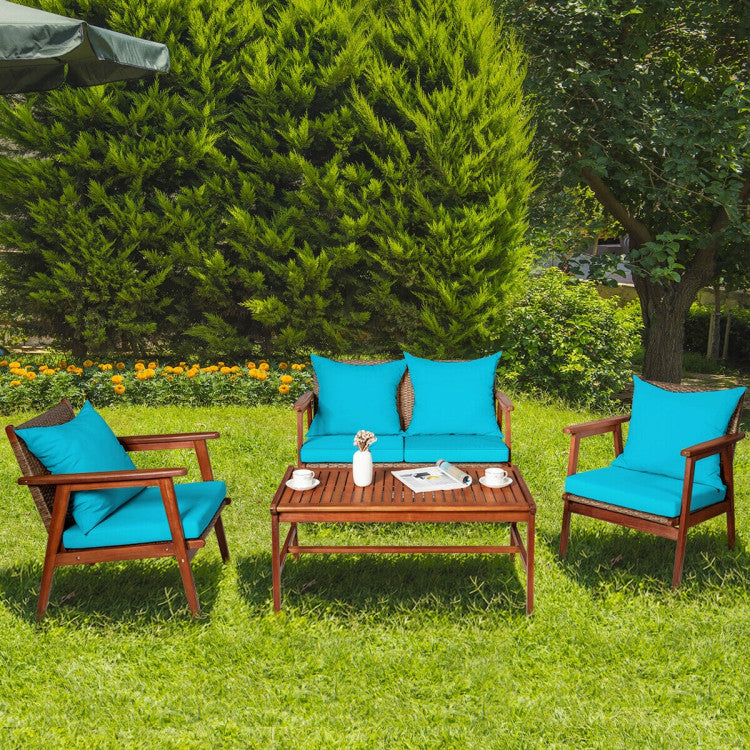 Chairliving - Juego de muebles de sofá de madera de acacia para exteriores, 4 piezas, sofá de dos plazas de ratán para conversación con cojines gruesos