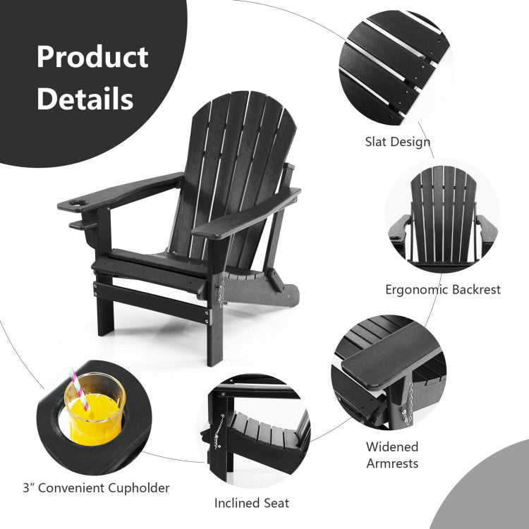 Chairliving Outdoor All-Weather Folding Adirondack Chair Patio Fire Pit Chairs Lounge Chair with Pull-Out Ottoman and Cupholder