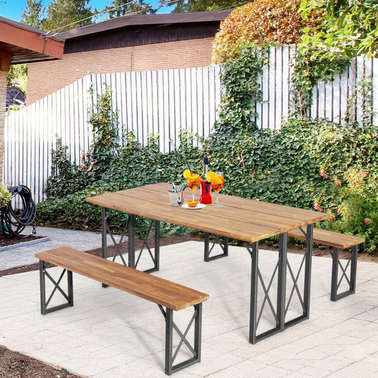 Chairliving Outdoor Camping Dining Table Set Patio Picnic Table and Bench Set with Umbrella Hole