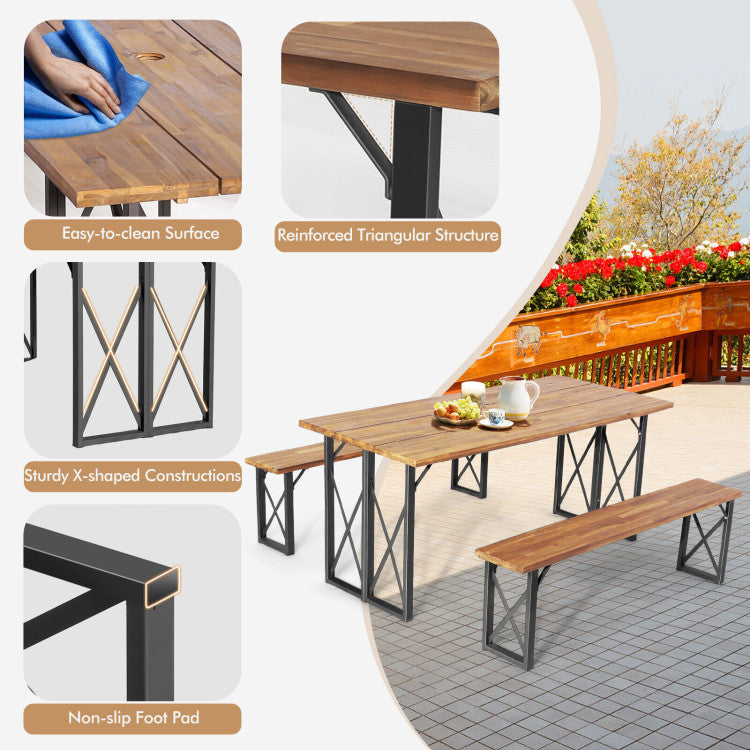 Chairliving Outdoor Camping Dining Table Set Patio Picnic Table and Bench Set with Umbrella Hole