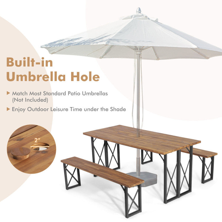 Chairliving Outdoor Camping Dining Table Set Patio Picnic Table and Bench Set with Umbrella Hole