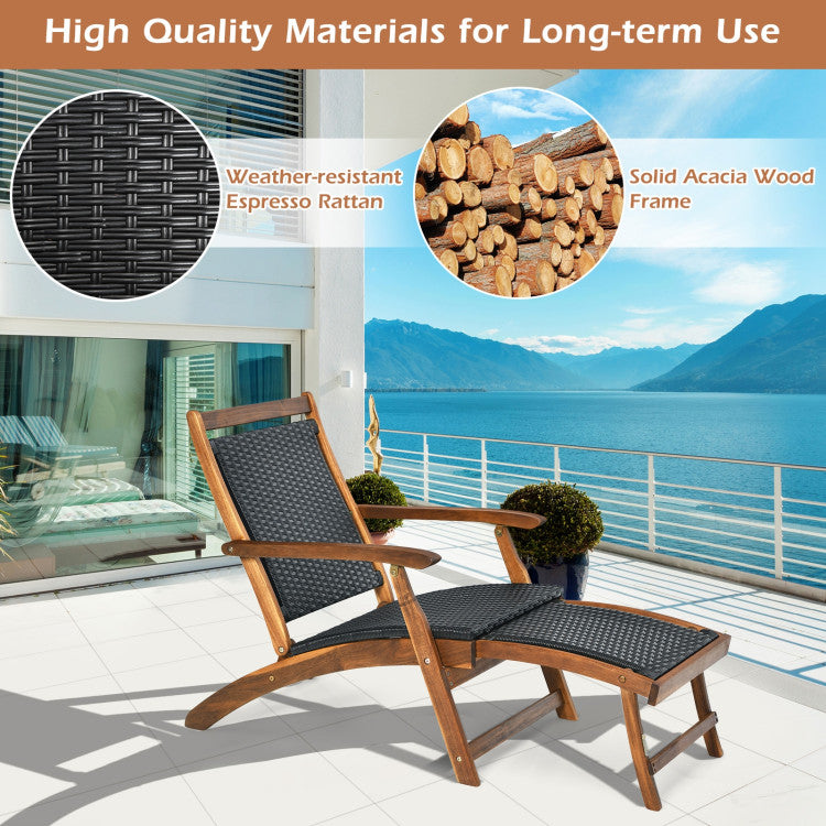 Chairliving Outdoor Foldable Deck Chair Acacia Wood Patio Folding Rattan Chaise Lounge Chair Collapsible Armchair with Retractable Footrest