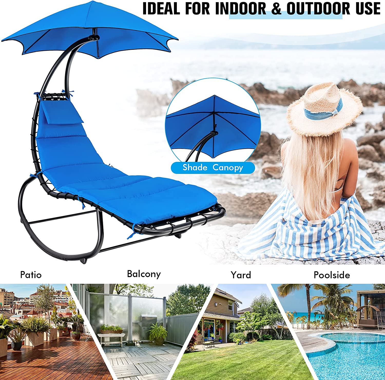 Chairliving Outdoor Hammock Chair Swing Lounger Patio Chaise Lounge Hanging Chair with Shade Canopy Full-Padded Cushion