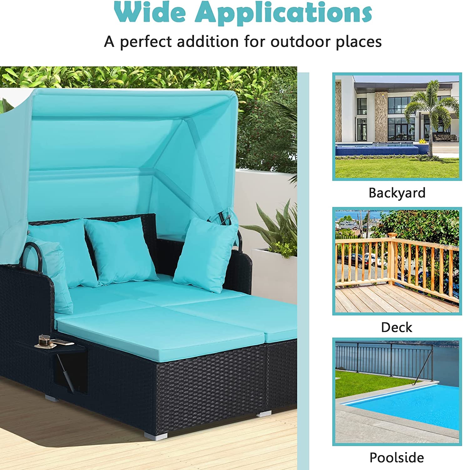 Chairliving Outdoor Hand-Woven Rattan Daybed Sun Lounger Patio Wicker Furniture Sunbed Loveseat Sofa Set with Retractable Canopy and Folding Tray