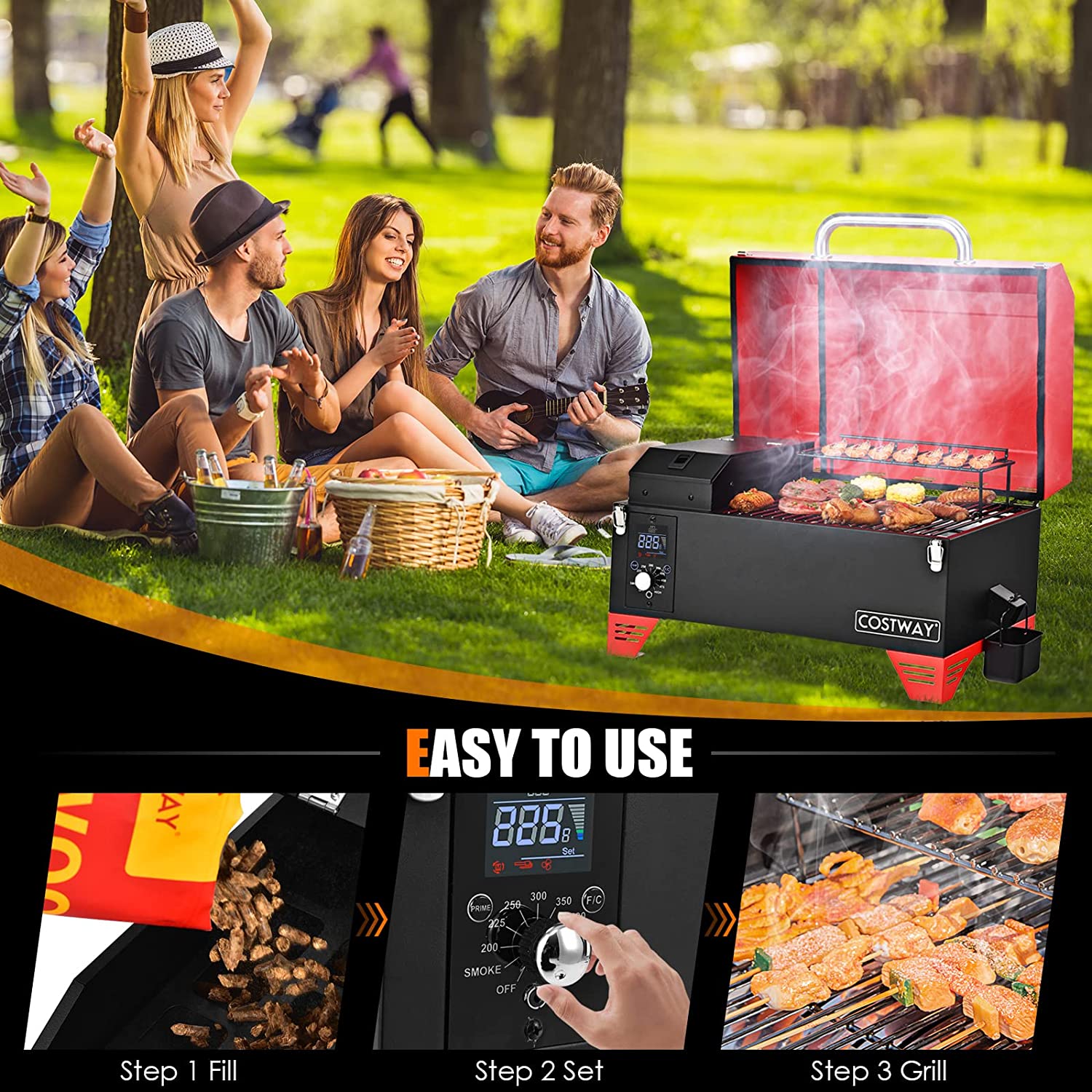 Chairliving Outdoor Portable 8-in-1 Tabletop Pellet Grill and Smoker with Control Panel for BBQ Camping RV Cooking