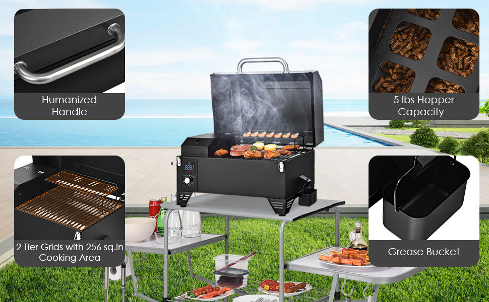 Chairliving Outdoor Portable 8-in-1 Tabletop Pellet Grill and Smoker with Control Panel for BBQ Camping RV Cooking