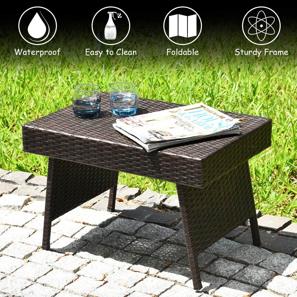 Chairliving Outdoor Rattan Table Poolside Folding PE Wicker Side Coffee Table