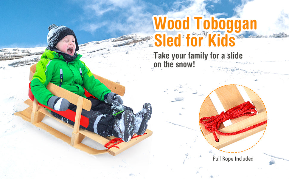 Chairliving Outdoor Wooden Play Snow Sled Pull Steering Slider with Solid Wood Seat Sleigh Toboggan for Toddles Kids Adults